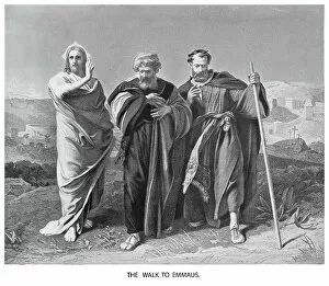 World Religion Gallery: Old engraved illustration of Jesus Christ walk to Emmaus