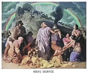 Old engraved illustration of Noah's Sacrifice after the Flood