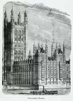 Palace of Westminster Gallery: Old engraved illustration of Parliament Houses, The Palace of Westminster United Kingdom