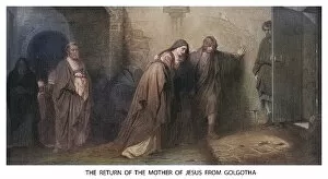 World Religion Gallery: Old engraved illustration of the return of the Mother of Jesus from Golgotha