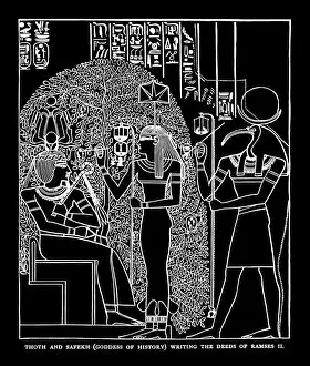 Ancient Egyptian Gods and Goddesses Gallery: Old engraved illustration of Thoth and Safekh (Seshat) writing the deeds of Ramses II