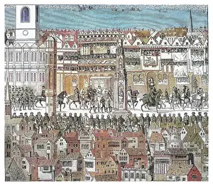 Old engraved illustration of view of the coronation procession of King Edward VI King of England and Ireland (1547)