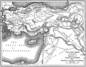 Old engraved map of Asia Minor showing the expedition of Cyrus the Younger and retreat of the Ten Thousand