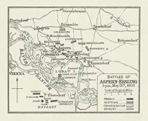 Old engraved map of Battle of Aspern-Essling (21-22 May 1809)