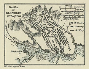 Old engraved map of Battle of Blenheim (13.08.1704) - major battle of the War of the Spanish Succession