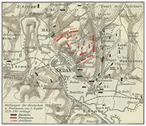 Old engraved map of Battle of Sedan, fought during the Franco-Prussian War from 1 to 2 September 1870