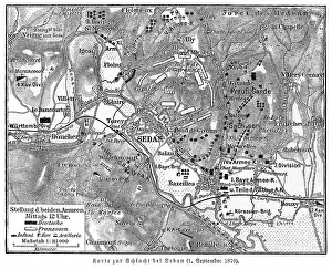 Old engraved map of Battle of Sedan, fought during the Franco-Prussian War from 1 to 2 September 1870