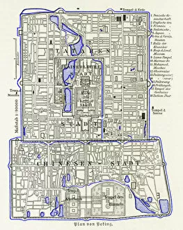 Old engraved map of Beijing city, worlds most populous national capital city, China