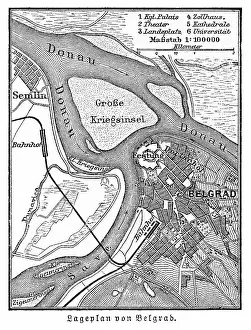 Old engraved map of Belgrade, capital and largest city of Serbia