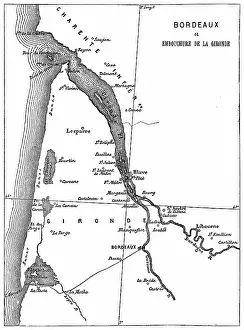 Old engraved map of Bordeaux, port city on the river Garonne in the Gironde department, Southwestern France
