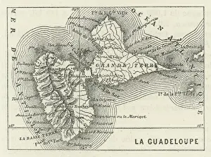 Old engraved map of Guadeloupe, an overseas department of France in the Caribbean