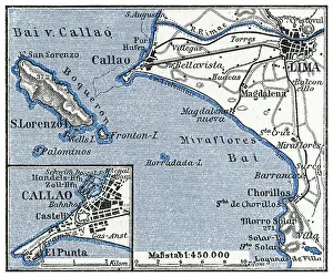 Old engraved map of Lima, the capital and largest city of Peru, located in the valleys of the Chillon, Rimac and Lurin Rivers, in the desert zone of the central coastal part of the country, overlooking the Pacific Ocean