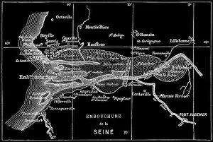 Old engraved map of Seine River, a 777-kilometre-long (483 mi) river in northern France