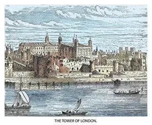 Old engraving illustration of Tower of London in London, England