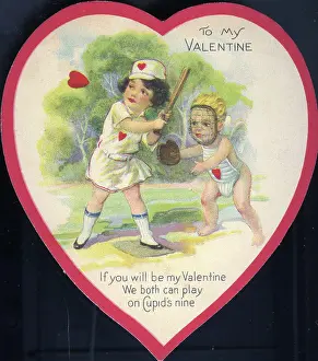 Prints of A heart-shaped, illustrated Valentine's Day card shows a girl and boy playing baseball, 1910. The text reads To My Valentine - If you will be my Valentine We both can play on Cupid's nine Transcendental Graphics Prints: An Old-Fashioned Valentine's Day Card