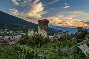 Images Dated 16th August 2014: Old Georgian town with towers at sunset. Svaneti