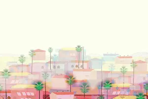 Prints of Buildings and houses on a hill with palm trees in misty, smoggy air quality. Evokes older neighborhoods in Los Angeles like Silverlake and Echo Park. Watercolor style digital art Quirky Art Illustration Prints: Old Los Angeles Digital Watercolor Cityscape in Morning