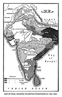 Old map of India, showing the British possessions in 1780-1800