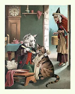 Prints of Vintage illustration of a scene from Old Mother Hubbard an English-language nursery rhyme. The dog was feeding the cat Whimsical nursery rhyme artworks curated to evoke a sense of wonder and imagination: Old Mother Hubbard, nursery rhyme, The dog was feeding the cat
