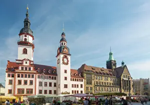 Prints of Old and new town hall, town hall tower, market stalls, Chemnitz, Saxony, Germany ImageBROKER Collection Prints: Old and new town hall, town hall tower
