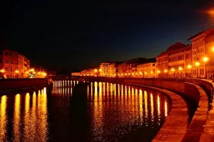 Images Dated 21st June 2016: Old Pisa by Night, Arno River, Reflections, Italy