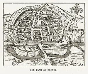 Old Plan of Exeter in Devon, England Victorian Engraving, 1840
