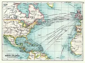 Victorian Prints: Old Sketch chart of the North Atlantic on Mercator projection