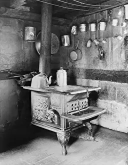 Old Stove Inside Log Cabin Kitchen