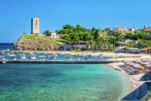 Images Dated 6th September 2017: Old tower, pier and beach, Nea Fokea, Kassandra, Halkidiki, Greece