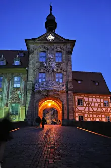 Half Timbered House Prints: Old Town Hall at dusk, built from 1461-1467 in its present form in the Regnitz River