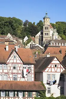 Old town with St. Michael Kirche church, Schwaebisch Hall, Hohenlohe, Baden-Wuerttemberg, Germany, Europe