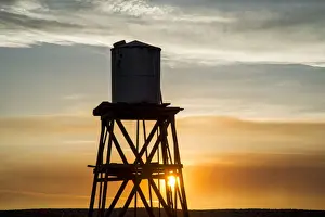 Old wooden water tower at La Delta during Drought Spotlight number 3, Route 66, Victorville, Southern California, USA