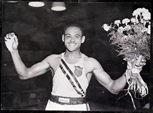 Gold Medal Prints: Olympic Boxer Holding Medal and Bouquet