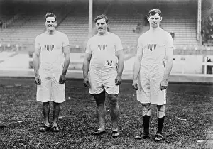Prints of (Original Caption). Olympic Games London, England 1908-Winners of throwing the discus. Merritt H. Griffin 2nd, Marquis Horr 3rd and Martin J. Sheridan 1st, U.S.A Capturing Glory: A Journey Through Olympic History: Olympic Discus Champions