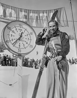 Moritz Prints: Olympic Skier Gretchen Frazer Standing Next to Chronometer