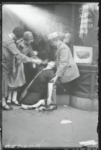 Overwhelming Prints: Onlookers Overseeing Overcome Woman