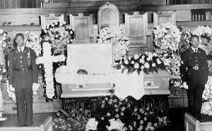 Coffin Prints: Open Casket Surrounded by Flowers
