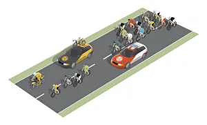 Support Gallery: Open road race, including cyclists, team cars and lead motorcycle