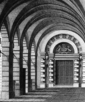 Prints of 15th September 1794: The original entrance to the Covent Garden Opera House in London. Double doors are visible at the end of the arcade with double pillars on each side and a coat of arms above Heritage Images Prints: Opera House