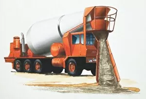 Orange cement truck, side view