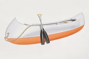 Orange and white Canadian canoe with two paddles leaning on the side