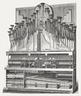 Oriental Style Woodblock Art Collection: Orchestrion (1862) by Michael Welte (VAohrenbach, Germany), published in 1877