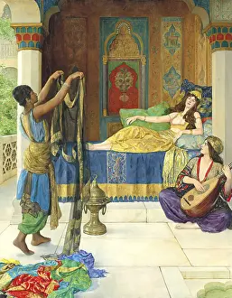 Gown Prints: An oriental scene with a woman resting on a bed