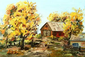 Images Dated 10th July 2016: Original art painting of red barn and trees in autumn