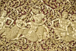 Images Dated 28th March 2015: Ornate gold decorations at funeral chapel of Wat Xieng Thong, Luang Prabang, Laos