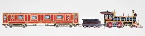 Transport Prints: Ornately decorated steam train with black locomotive and a long red carriage, side view