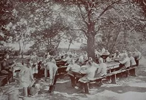 Images Dated 20th December 2019: Orphans in Berlin, in the garden, eating lunch, 1886, Germany, Historical