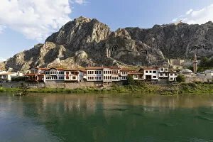 Images Dated 26th August 2014: Ottoman houses on the Yesilirmak river and Tombs of the Kings, Amasya, Black Sea Region, Turkey