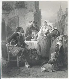 Town Scene Prints: Outdoor Tavern with Man Telling of His Adventures to Listeners