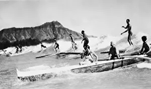 Outrigger Canoe and Surfers at Waikiki